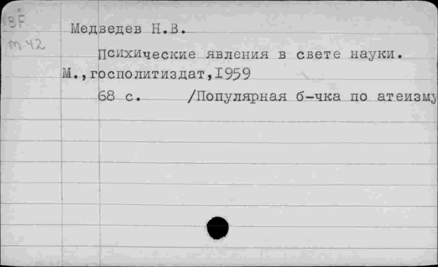 ﻿Медведев Н.В.
Психические явления в свете науки.
М.,госполитиздат,1959
68 с. /Популярная б-чка по атеизму